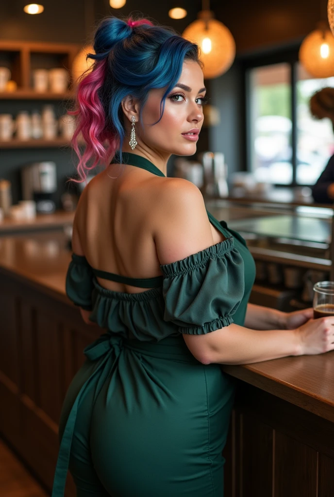 Cool beauty, Looks sweet, (updo, blue and pink hair), only wearing dark green starbucks apron, off-shoulders, show clavage, show big thigh, plump body, huge breast, full body photo, standing pose. Side view. In coffee shop