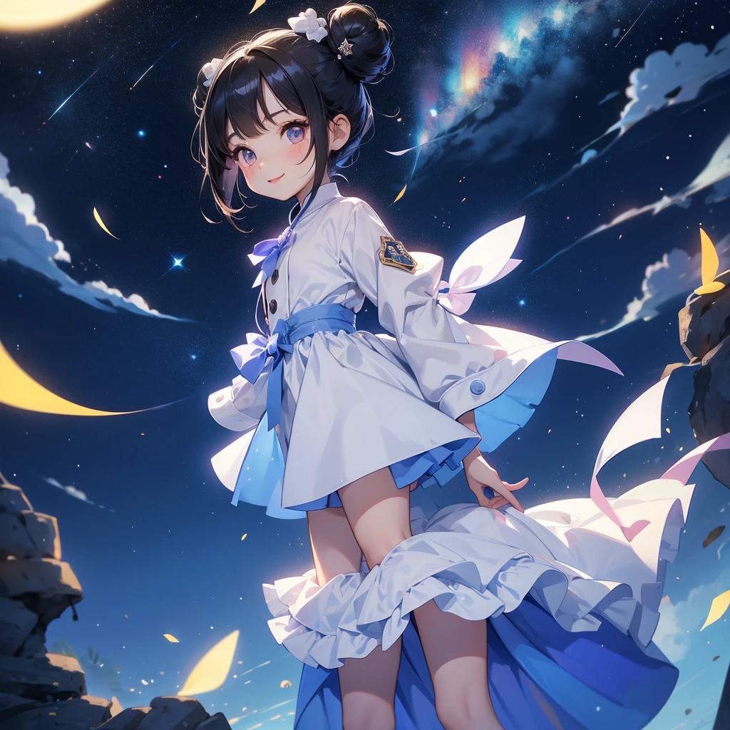 A chibi child girl had a small face and wearing a white little tourist priest’s outfit, a pair of big round eyes shone with curiosity about him. This child was so cute, her hair is black with buns on her hair. Small chibi , chibi baby, smiling , chibi.
Background is a dark night, with moonlight and millions of stars, twinkling everywhere, with blue light