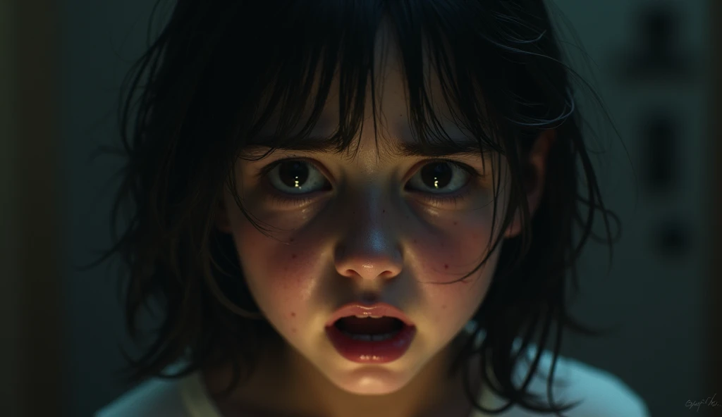 
The scared face of the main character: A girl with scared eyes, sweat on her forehead, scary shadow behind.