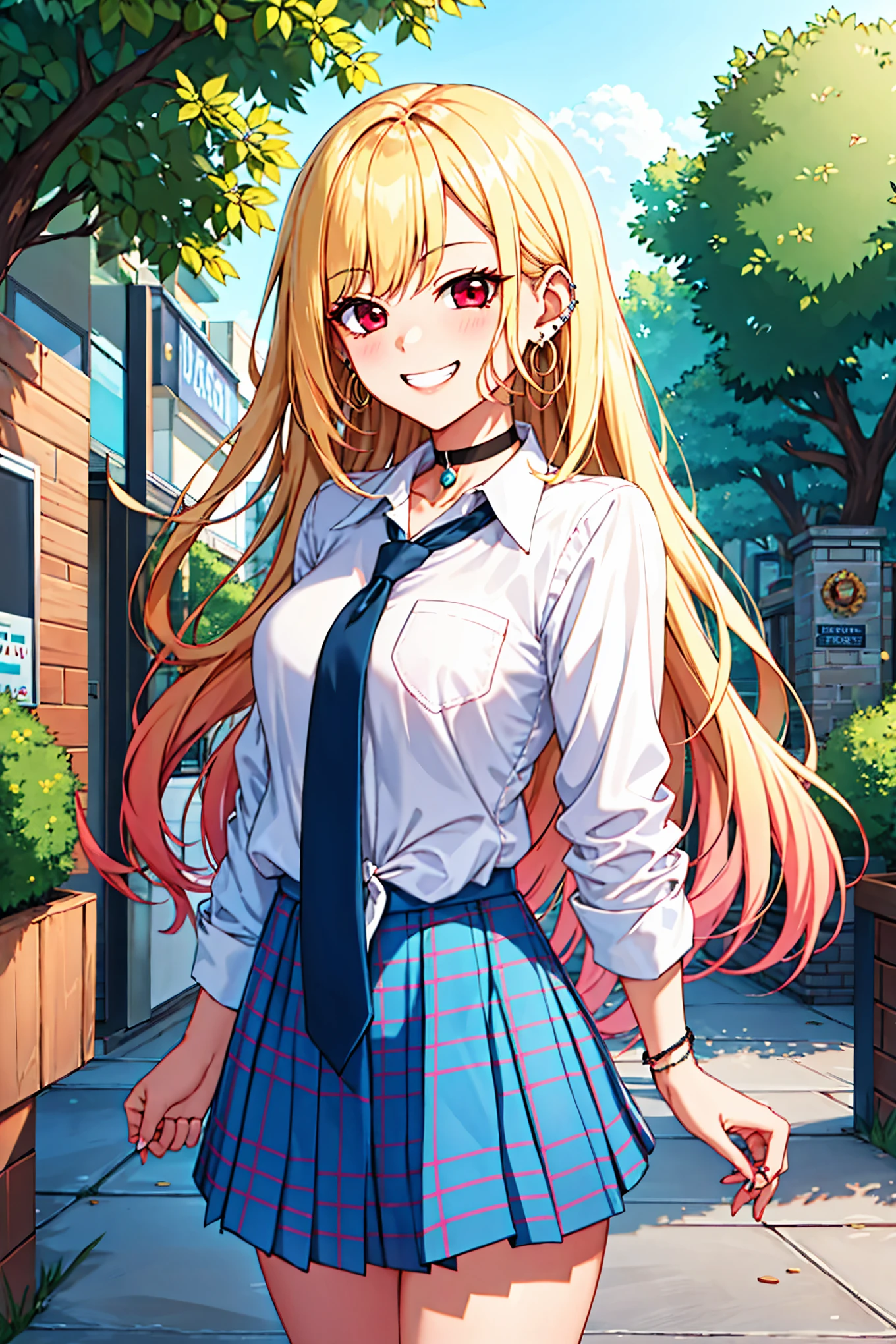 masterpiece, best quality, highres, kitagawa marin, 1girl, blonde hair, long hair, multicolored hair, red eyes, jewelry, earrings, piercing, school uniform, white shirt, tied shirt, black choker, blue necktie, plaid skirt, grin, smile, standing, cowboy shot, outdoors, blue skirt 