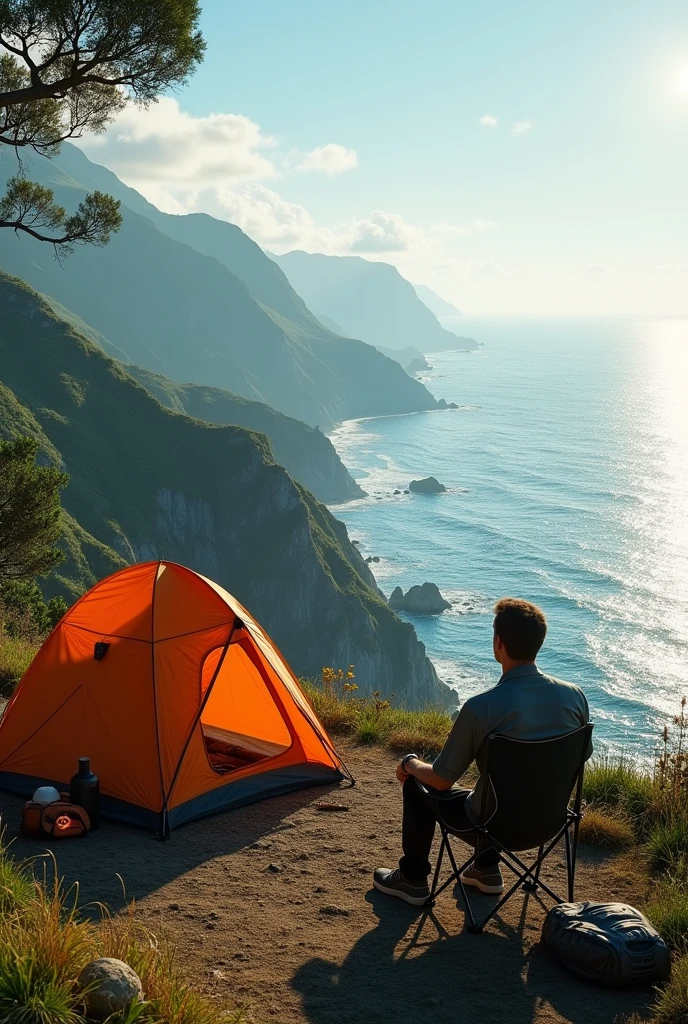 Photorealism 1.4 realistic realism high detailed definition  campsite at hills  facing ocean man sitting on the chair