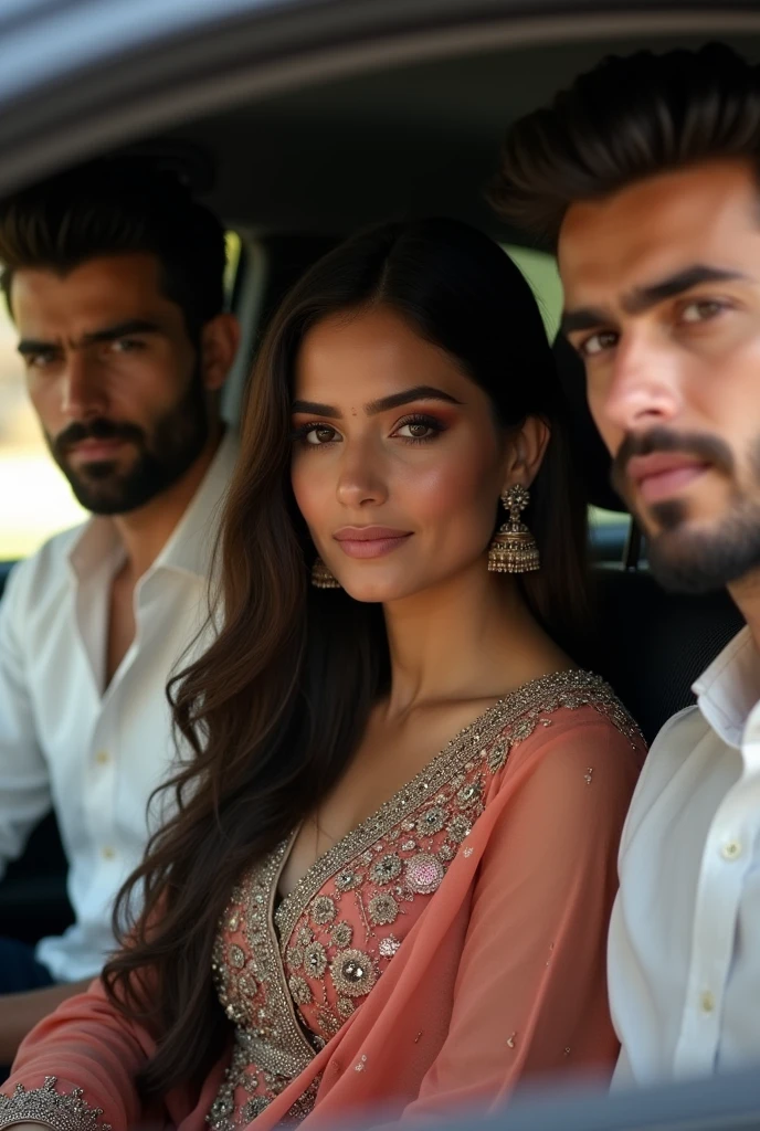 A beutiful girl Salwar kameez ewearing at car with side sitting  1 boy 2 handsome boy with beard wearing white shirt Black court realistic beautiful woman sharp eye long hair 