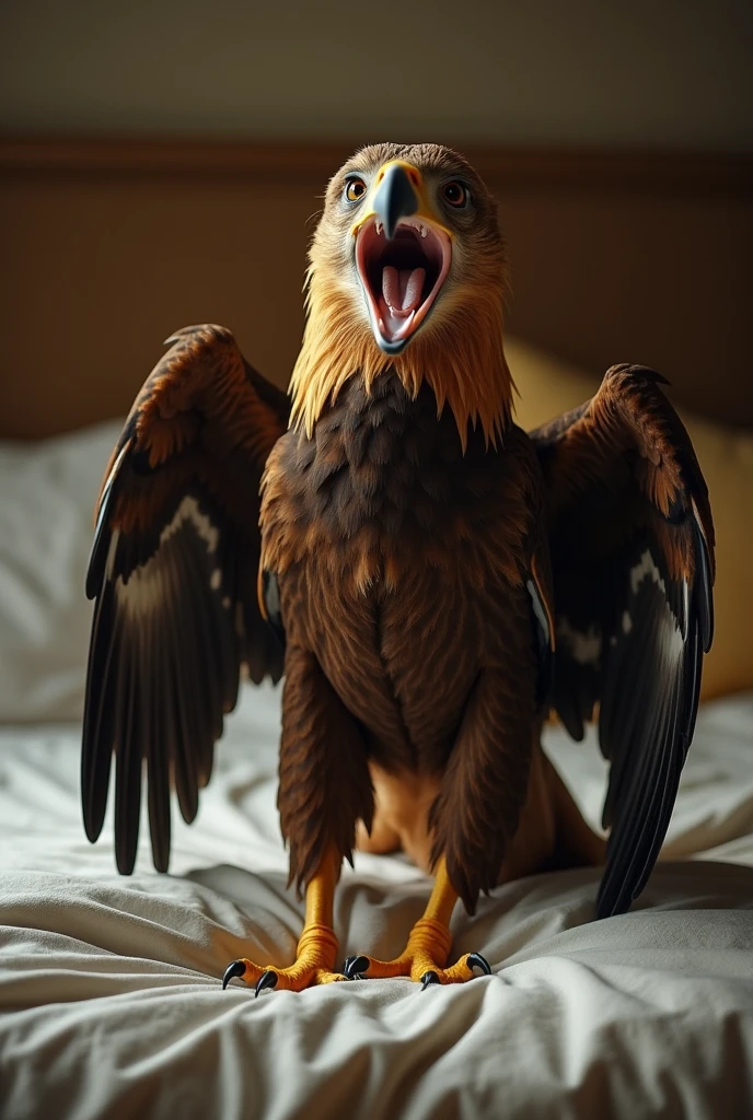 Cinema Style, A scene from selfies, A Griffon, Eagle's head, eagle くちばし screaming,
Lion's legs, Eagle Wings, lion tail, on bed, bed room, fantasy,