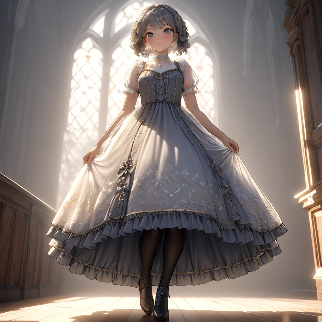 (Highly detailed CG Octane render 8k wallpaper), Girls Underwear, You can see real bloomers made from cotton fabric.., Medieval translucent long dress with panniers, Fabric Realism, Low - Angle, Pull up the dress by hand, Strong winds, Translucent slip, Translucent slip, tights, Highest quality, whole body, I can see your thighs, Silver and gold embroidery