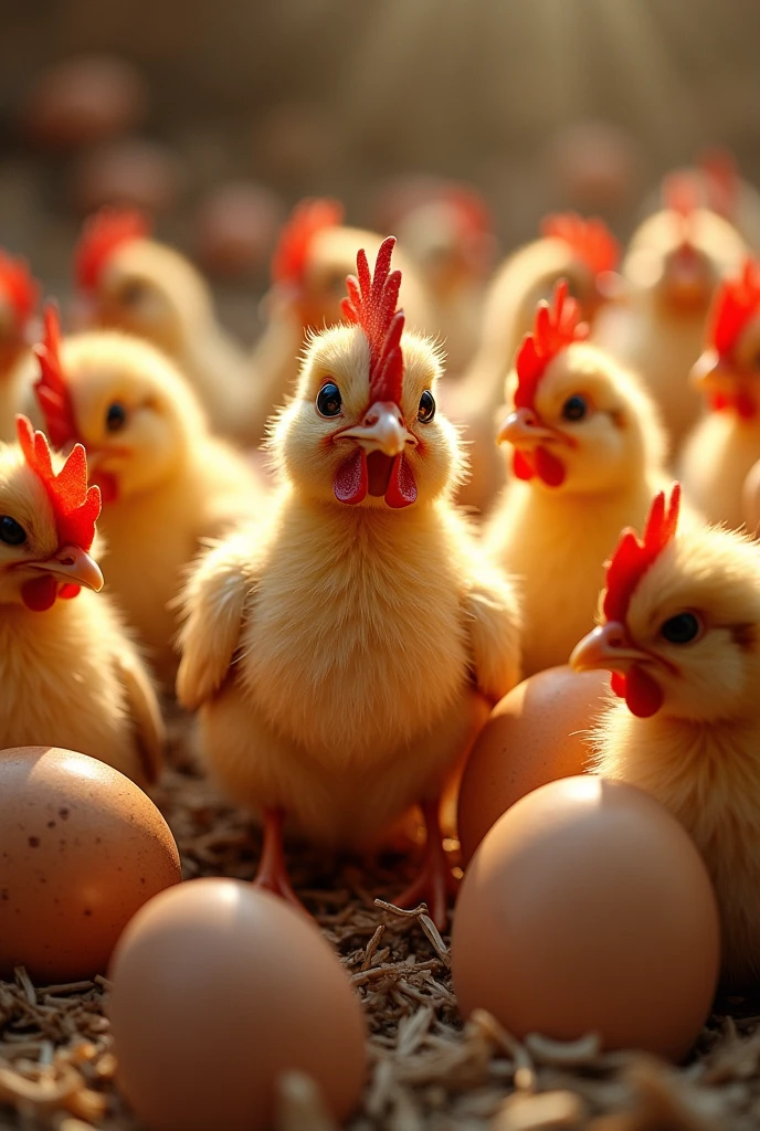 the picture shows many rooster being hatched from the eggs