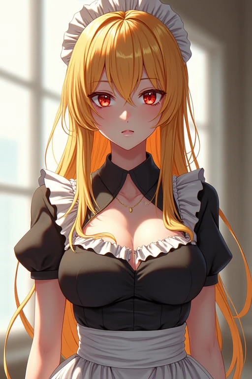 Anime, girl with big breasts, maid outfit, shiny golden hair, bright crimson eyes, and cold face 