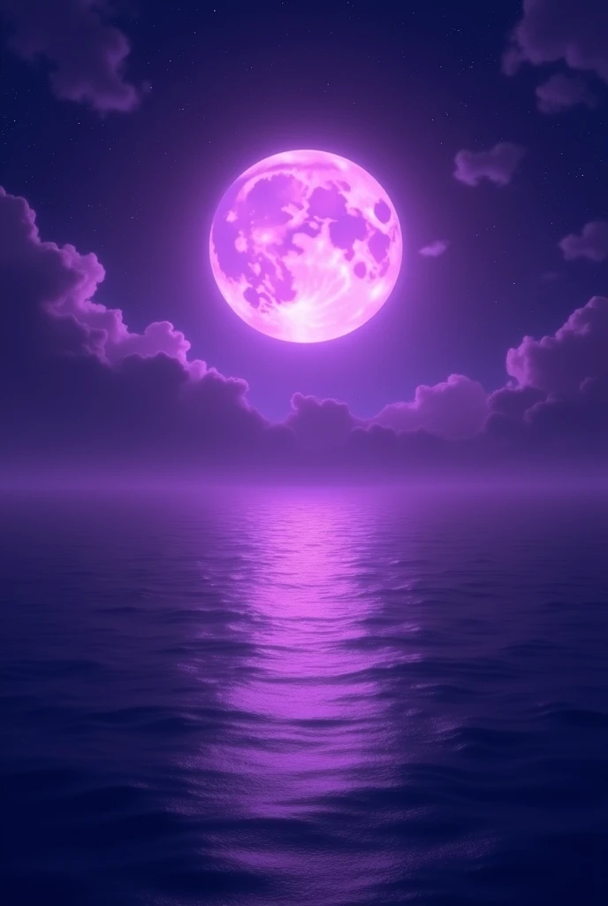 Sea of night、Purple overall、violet、The light of the large full moon illuminates the surface of the sea.（Half purple、Half pink）、purple、
The stars shine in the night sky、No people、