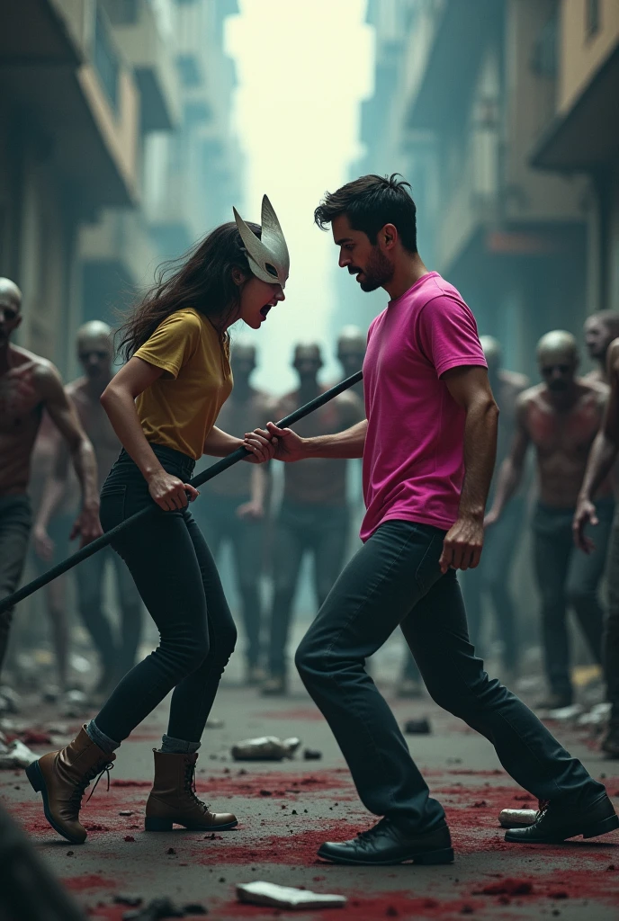 A man in a pink T-shirt and a girl with a dove mask fight off zombies