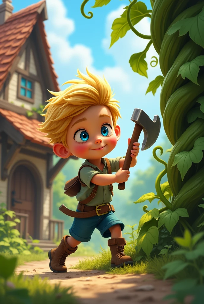 A blond with big blue eyes is chopping down the beanstalk with an axe. You can see a cottage near by. It is old. Animated.