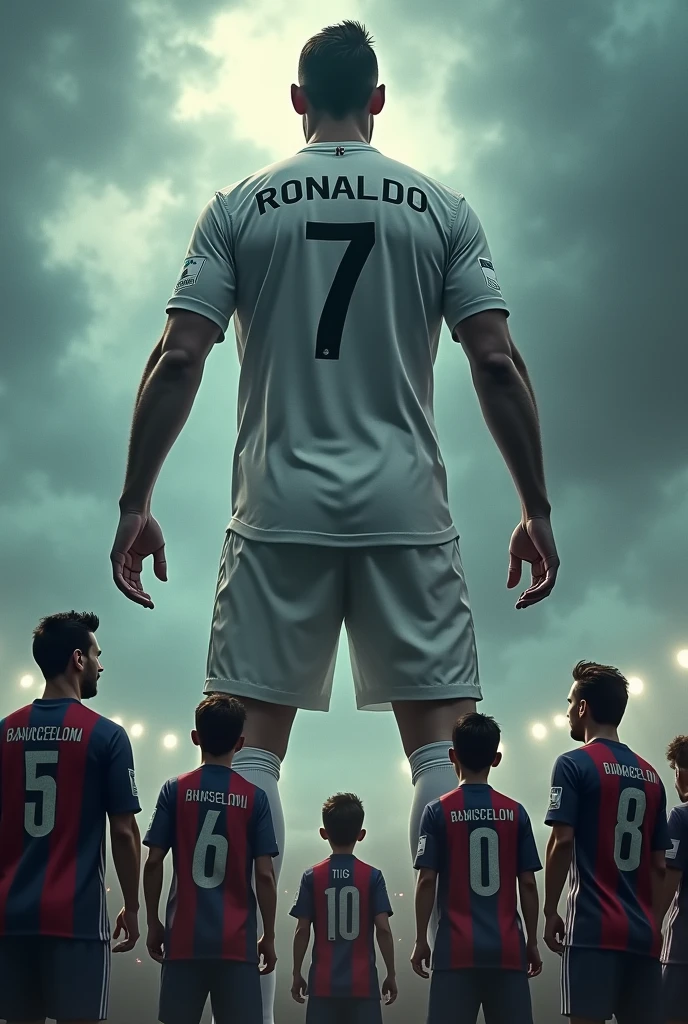 “Create a dramatic scene of an uneven confrontation. On the left, the Barcelona team, including Messi, stands together, appearing small and helpless. On the right, a colossal Ronaldo, wearing the number 7 Real Madrid jersey, looms over them like an unstoppable force of nature. The Barcelona team is directly beneath him, looking up in awe and powerlessness. The background should be intense, with stormy clouds, emphasizing Ronaldo as a towering, overwhelming force, while the Barcelona team is dwarfed by his presence.”