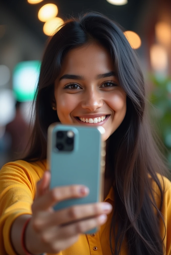 Priyanka indian smiling while taking selifie