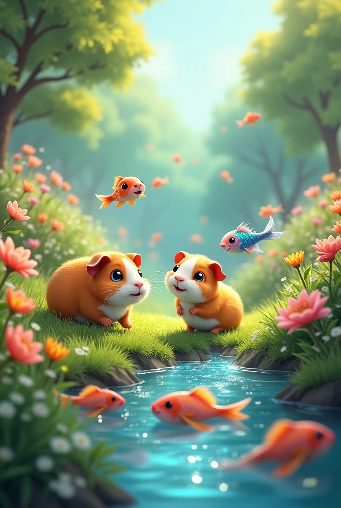 Imagine a whimsical world where adorable guinea pigs frolic in lush green meadows, while vibrant fish with shimmering, iridescent fins dance gracefully in sparkling blue waters nearby. Create a magical scene that captures the joy and beauty of these delightful creatures living in harmony, surrounded by a fantasy landscape filled with colorful flowers and dappled sunlight."
The images and background should be 2d cartoonish not 3d.fishes swimming in blue water size should be large of both guinea pig and fish
Image should be landscape size for my kids song YouTube video