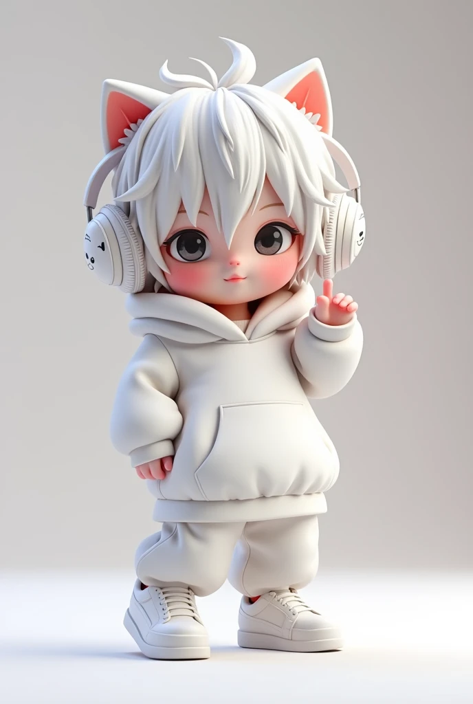 Oversized white streetwear（Hoodie and baggy pants）And wearing white sneakers、Highly detailed 3D chibi character with white messy hair。It exudes a cool and relaxed atmosphere。She is wearing large, stylish headphones that match her outfit.。Headphones are、White、Kitten&#39;s face painted。Characters、One hand on hip。Characters、Winking。Characters、Kicking one leg。Soft background、Muted、It emphasizes the character。The overall style is、Cute、Modern、and、Stylish