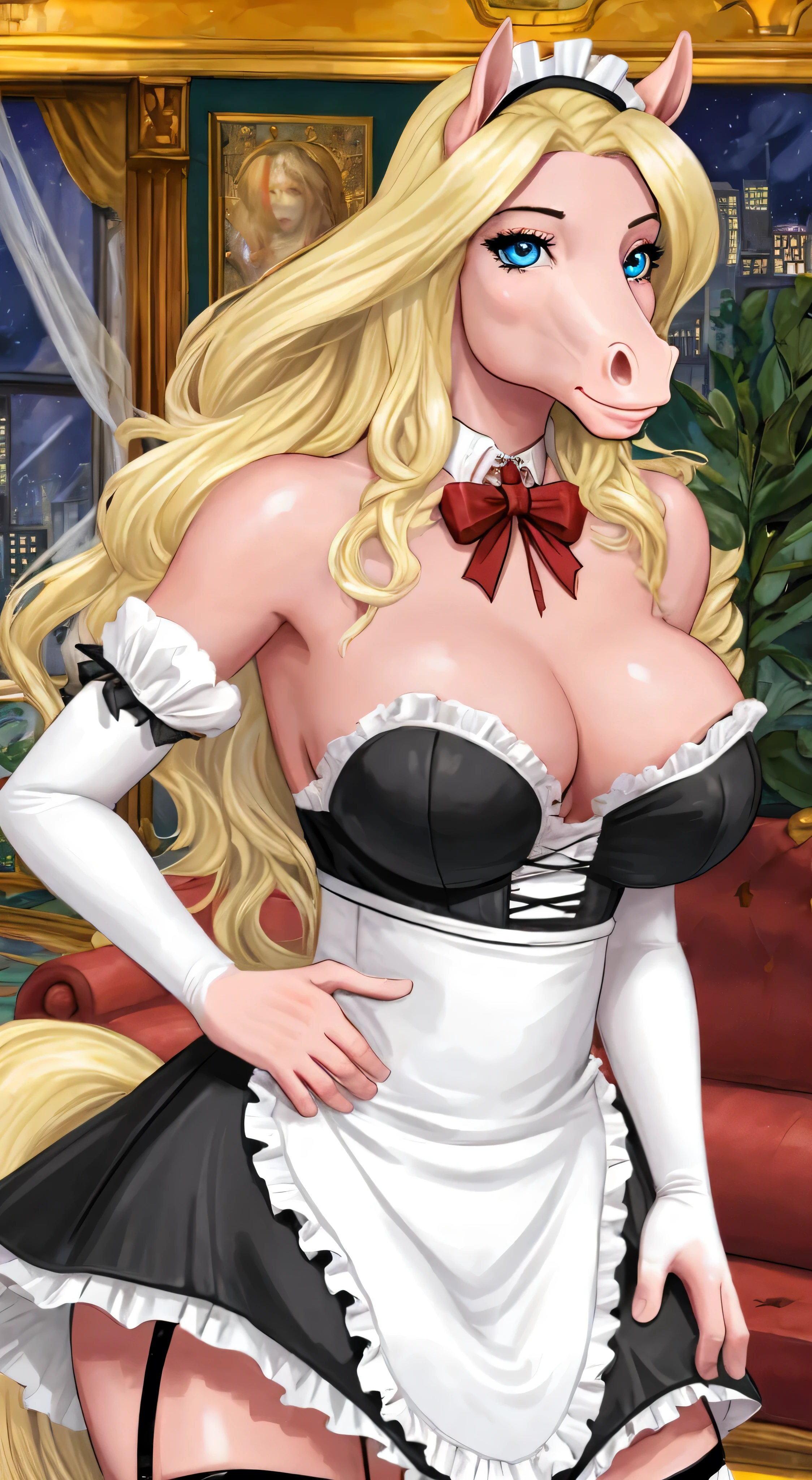 Horse girl,Furry,Pink Skin,blonde,Blue Eyes,c-cup breasts,Maid costume,City night scene,Mansion living room
