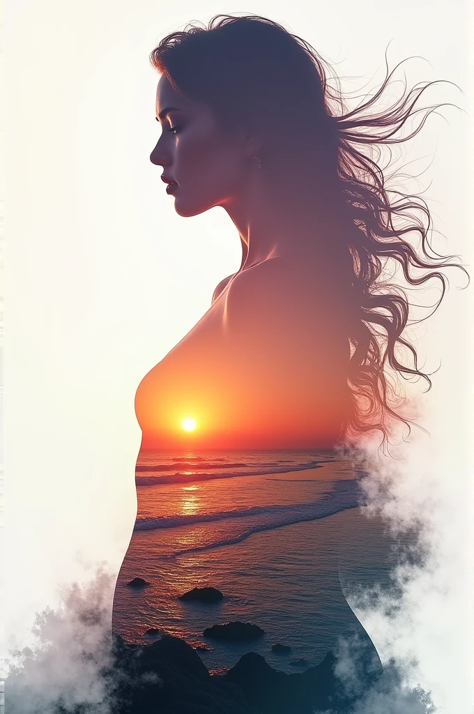 high quality, 8K Ultra HD, A beautiful double exposure that combines an goddess silhouette with sunset coast, sunset coast should serve as the underlying backdrop, with its details incorporated into the goddess , crisp lines, The background is monochrome, sharp focus, double exposure, by yukisakura, awesome full color,
