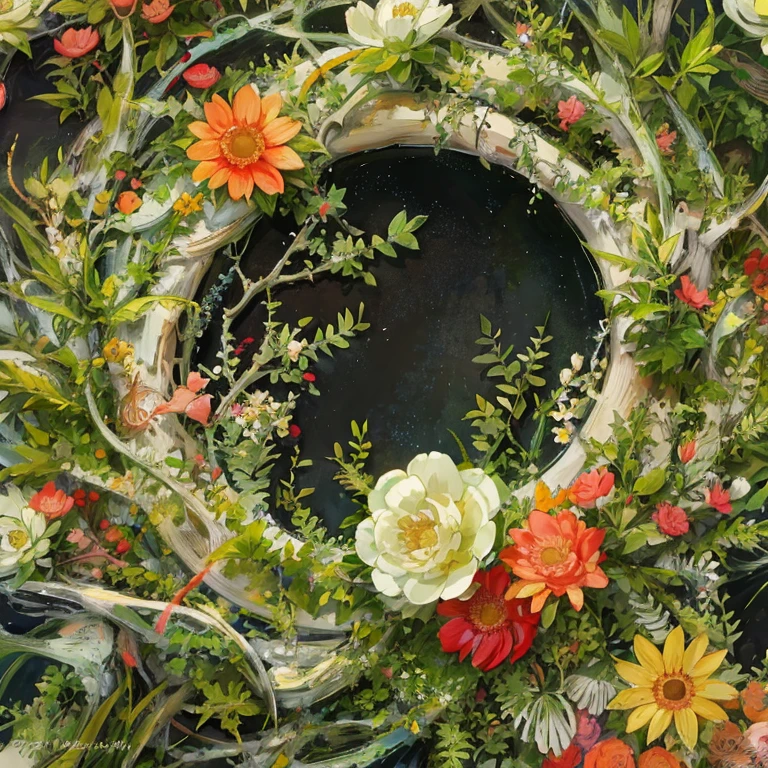 Celluloid style,With flowers&Bone&Grass&A ring of tangled twigs。{The focus of the composition is on the outside of the ring:1.4},{There is a large blank space in the middle of the ring:1.4},The natural atmosphere of the wreath reflects the four solar terms of spring, summer, autumn and winter。