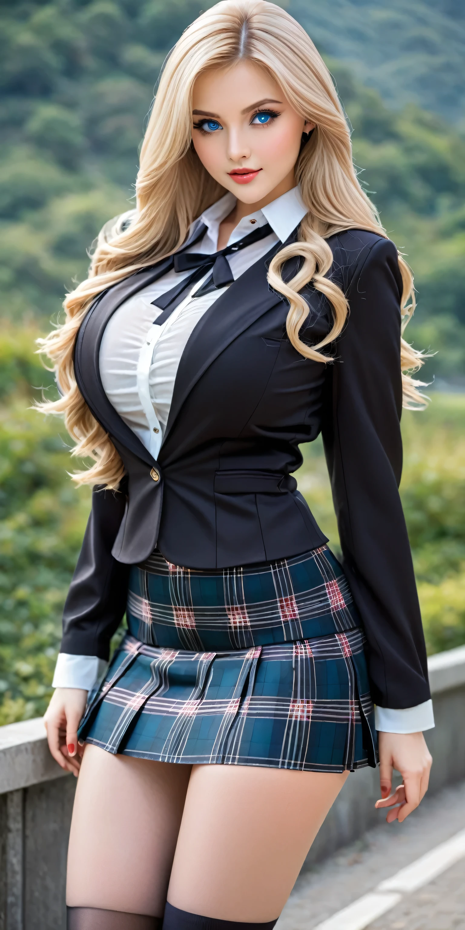 A blonde woman, , sports jacket、High , miniskirt, plaid skirt、unbuttoned transparent shirt, plaid pleated skirt, JK Style、very sexy、a slight smile、garter belts、Stockings、pantyhose、transcendent beauty、beautiful shape 、double tail hair、Long hair straight hair、age32, Best quality, voluptuous, giant breasts, busty, blue eyes,