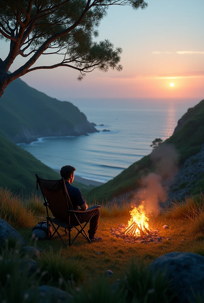 Photorealism 1.4 realistic realism high detailed definition campsite at hills facing ocean man sitting on the chair dusk mode campfire