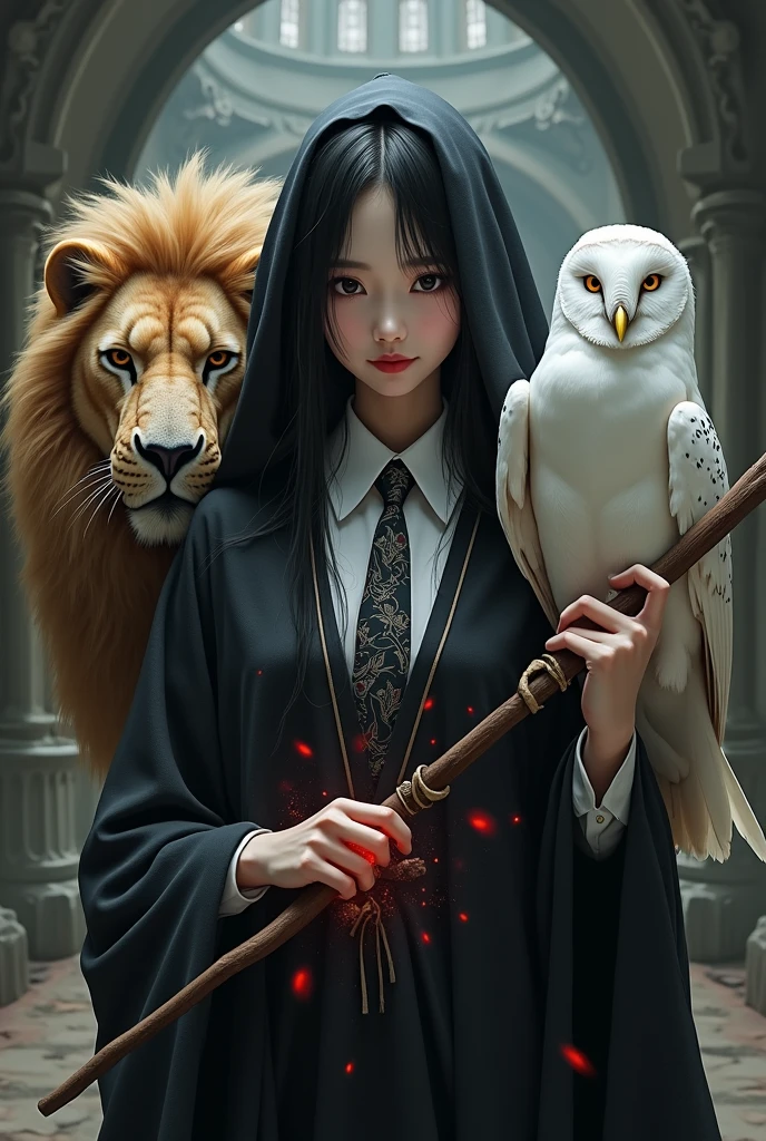 photo, asian woman, white skin, Slender face, Facing straight, Fluffy black hair, Long slender fingers, Black witch cloak, Red Hood, black witch hat, White collared inner shirt, Red and white patterned tie, Holding a magic wand, There were red sparks coming out of the wood., A white owl stands on the right shoulder., A large golden lion appeared from the left rear side., The background is an old castle.
