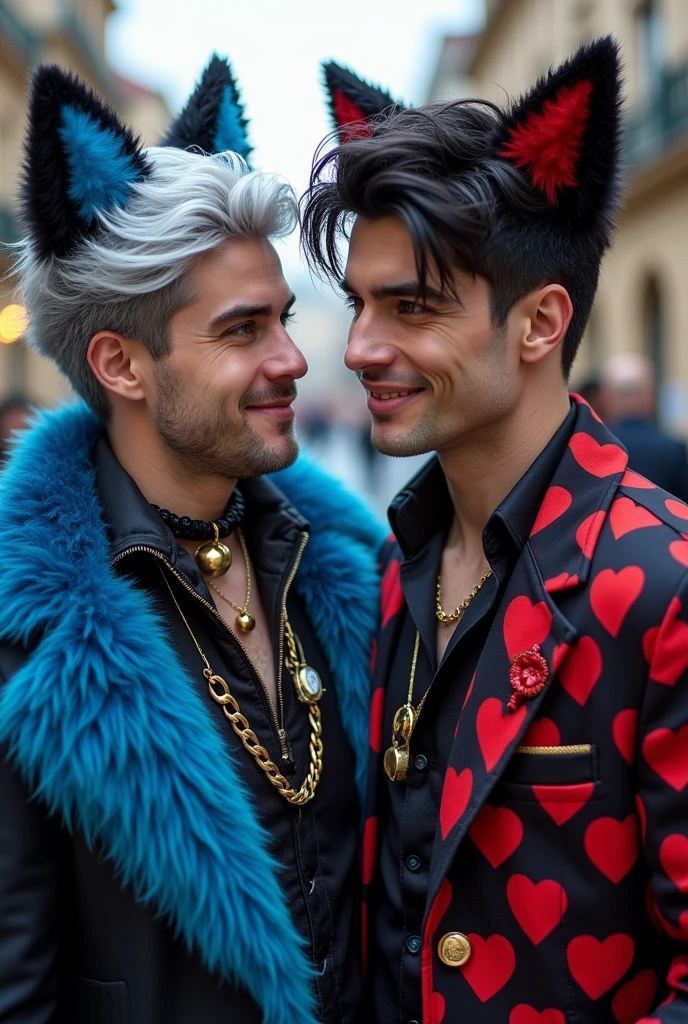 A very attractive man, Manly and young with silver hair and very vibrant blue eyes, Cheshire Cat themed clothing, flirtatious but firm look, few extravagant clothes, silver and blue cat ears, Bell collar and blue and black fluffy fur coat next to a very attractive and strong man wearing clothes with the theme of the Queen of Hearts from Alice in Wonderland dark black hair, Vibrant honey-colored eyes with a very flirtatious smile being a gay couple