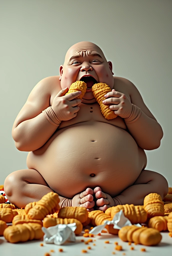 Create a 8k 3d image that is hyper realistic. This image is of a obese human with many belly rolls eating twinkies. He is eating a handful at a time