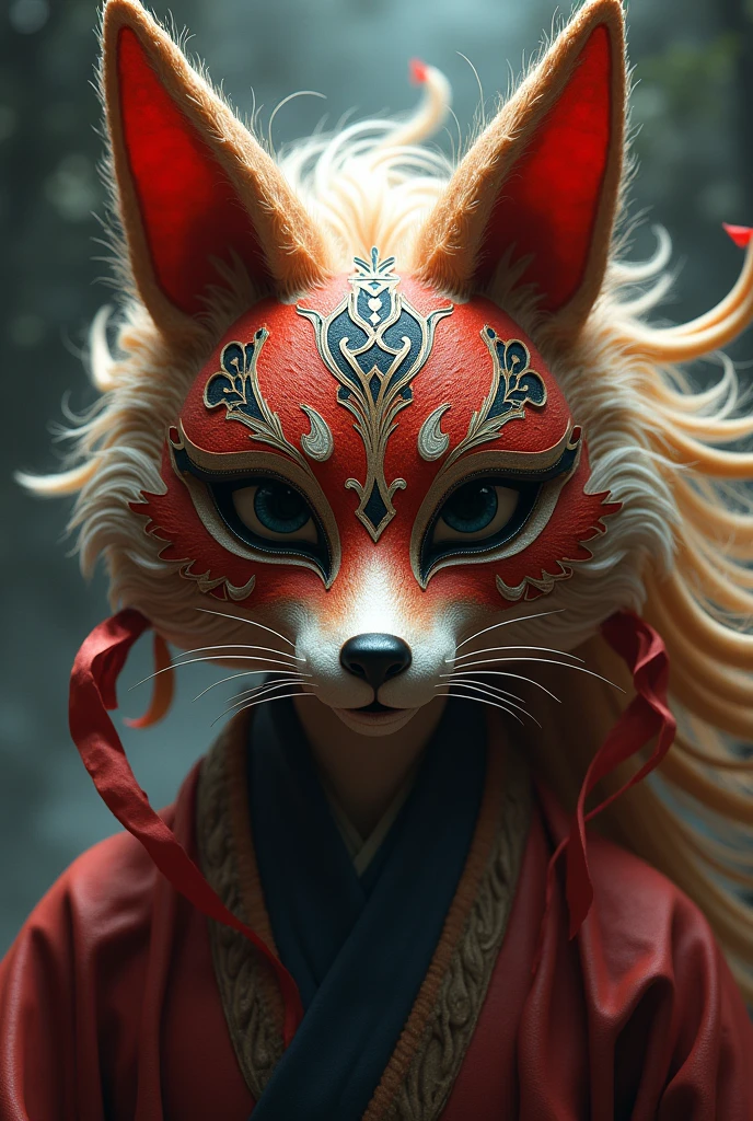 splash art, portrait of a beautiful traditional Japanese KITSUNE mask with ribbons, , magic, photorealistic, Lt. DKCW