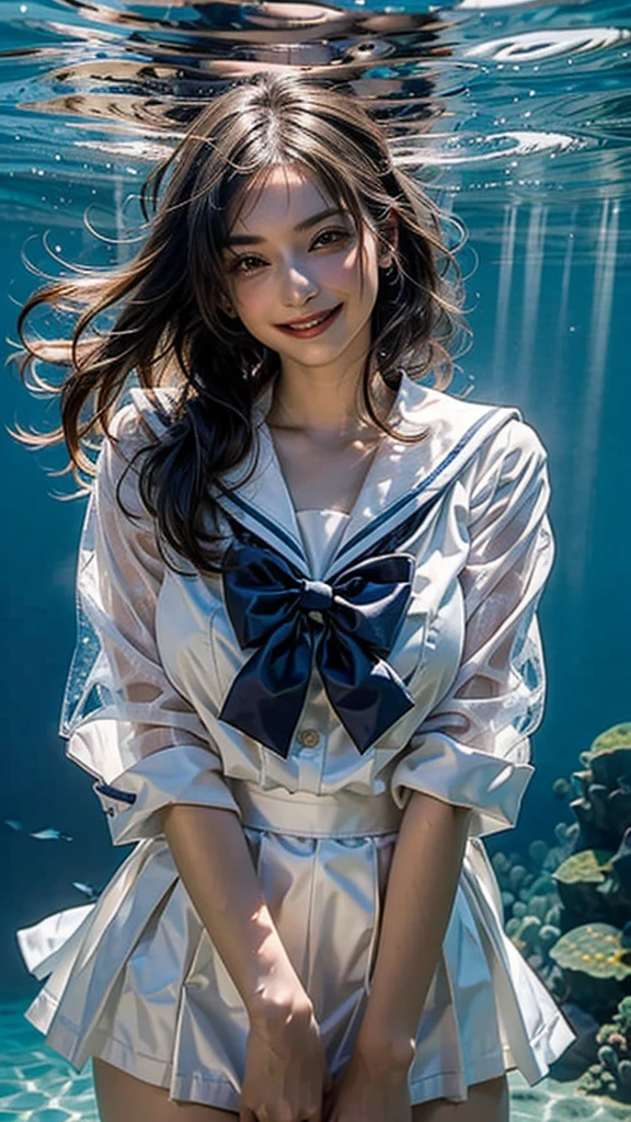 (See through:1.3),White Seraphim,Sailor suit, White Theme,school uniform, Sailor suit, View your viewers,  Insanity, Disheveled long hair, Beautiful attention to detail,Hair shines,Elevation,Blue sailor collar, Firm breasts,A light smile,Partially underwater...