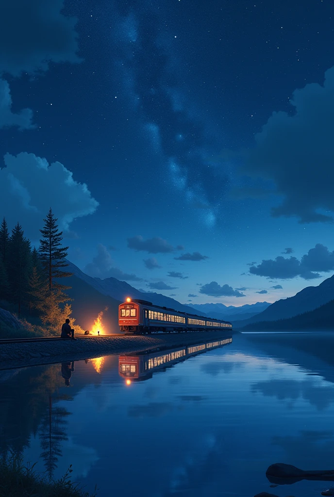 High quality masterpiece, view, cloud, Anime train passing through a body of water on railroad tracks in the distance, The sky is full of bright stars.. traveler, Romantic Fire, Pixieve, concept art, Lofi art style, reflection. Makoto Shinkai, Roffi Art, beautiful anime scenes, viewอะนิเมะ, viewโดยละเอียด — กว้าง 672, Makoto Shinkai's style, Makoto Shinkai's style, Improved details.  