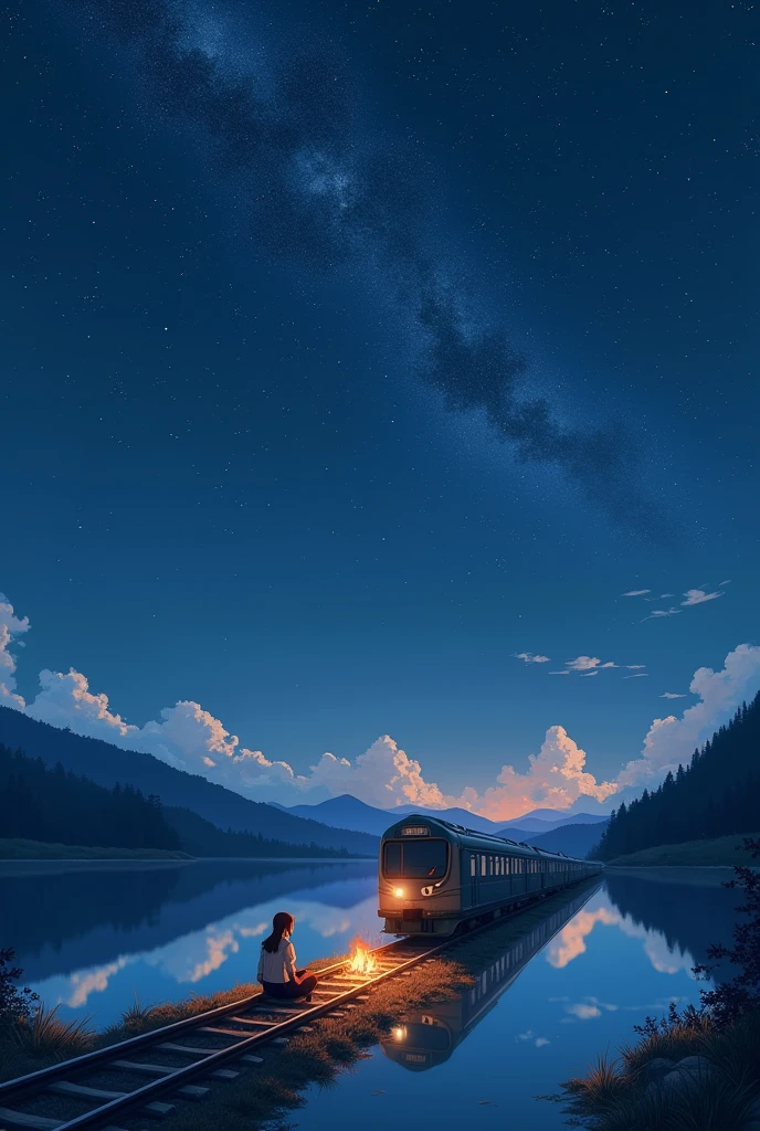 High quality masterpiece, view, cloud, Anime train passing through a body of water on railroad tracks in the distance, The sky is full of bright stars.. traveler, Romantic Fire, Pixieve, concept art, Lofi art style, reflection. Makoto Shinkai, Roffi Art, beautiful anime scenes, viewอะนิเมะ, viewโดยละเอียด — กว้าง 672, Makoto Shinkai's style, Makoto Shinkai's style, Improved details.