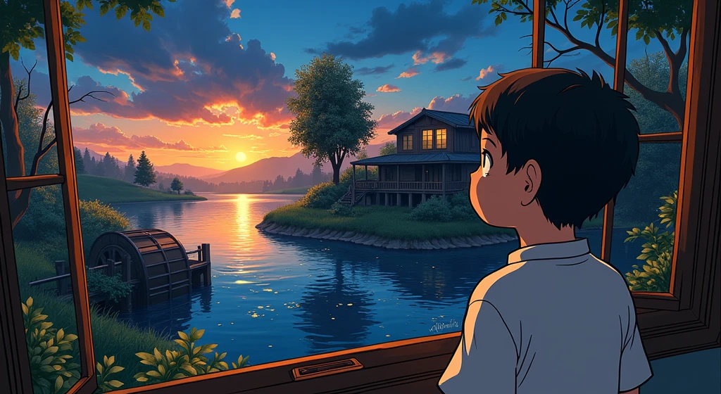 In the style of digital illustrations inspired by Hayao Miyazaki, this 4K quality animated wallpaper depicts a landscape seen from the window of a room in an apartment. A boy's back view of the landscape from behind. There is a small calm river, a water mill near the river, and an old house. The light of the sunset illuminates the boy. The lights of the houses and the dusk mix to create a fantastic scene. Vivid and warm color temperatures, dusk clouds in the sky, a quiet and enchanting atmosphere.