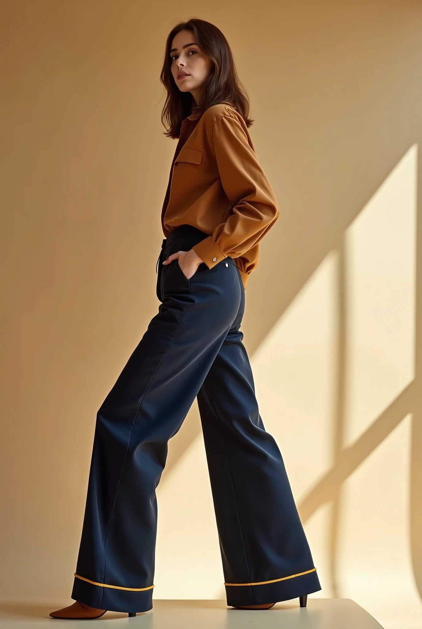 A photograph of a European female model standing on top of and leaning over the edge of a table, wearing dark blue wide-leg pants and a brown shirt, posing in front of a beige backdrop with light from the right side and yellow trim details, in the style of a fashion editorial