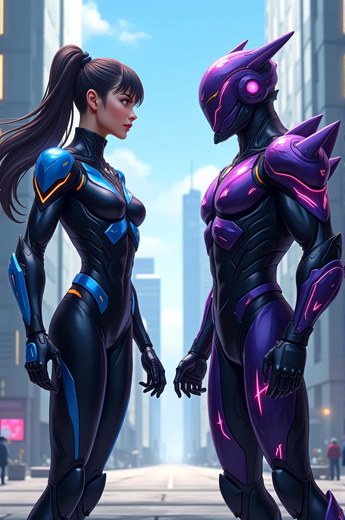 Anime style female iron man black and blue suit, black and purple suit man black and red, suit