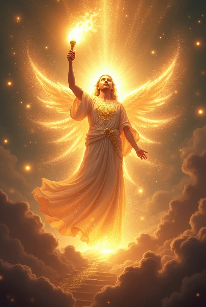 A resplendent, shining deity holding a torch of divine light, surrounded by a halo of radiance, with glowing orbs, sparkling stardust, and a celestial choir of angels, illuminating the path to knowledge and understanding.