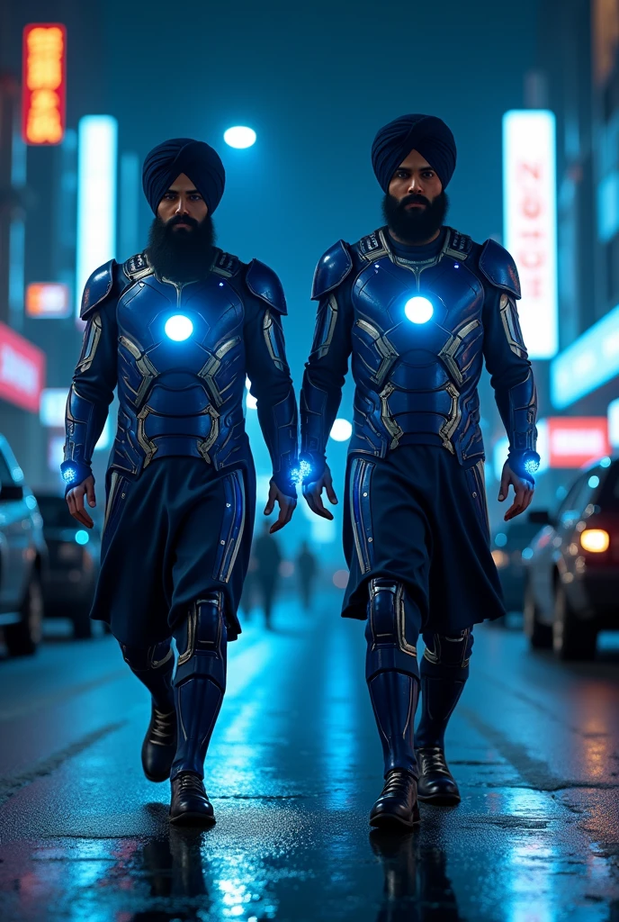 Sikh  guys walk in street in US with iron man suit at night with blue lights 