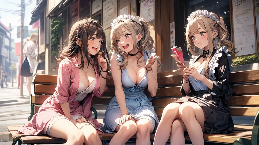 Masterpiece, super high quality anime style illustration, 8K, early Meiji period in Japan. Outside, daytime, in front of an old fashioned cafe, ((very beautiful 20 year old maids)), ((two beautiful girls laughing)). ((sitting on a bench with their legs together)), colorful eyes, pink lips, perfect makeup, flashy colorful outfit, maid cafe outfit in Akihabara, average breasts, a glimpse of cleavage, attractive proportions, smallish butt.