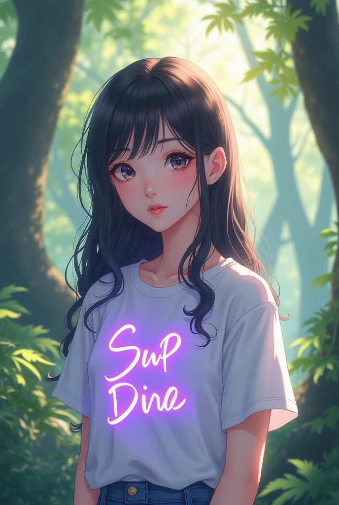 Make a beautiful anime art picture wearing a white shirt in a forest atmosphere and on her shirt there is purple chroma writing