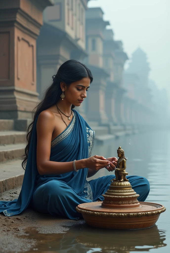 A young woman with fair skin, dressed in a deep blue sari adorned with silver embroidery, sits cross-legged on the banks of the Ganga River. In front of her is a small, intricately carved wooden altar with a brass idol of Lord Shiva. She gently applies sandalwood paste to the idol, her hands moving with practiced precision. Her face is calm, her gaze focused as she chants softly under her breath. The scent of sandalwood fills the air, mingling with the mist rising from the river. The ancient ghats of Varanasi form a sacred backdrop, adding to the spiritual ambiance.
