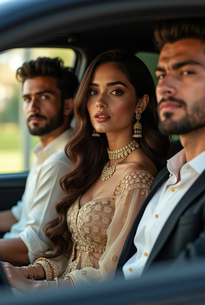 A beutiful girl Salwar kameez ewearing at car with side sitting  1 boy 2 handsome boy with beard wearing white shirt Black court realistic beautiful woman sharp eye long hair 