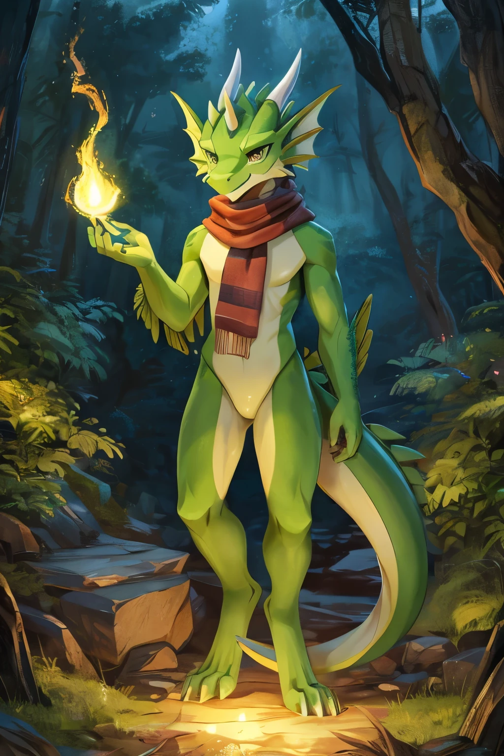 (anime), (front facing), (looking at the camera), slim furry green and lime dragon using old magic, green main body color, smooth skin, very long muzzle, neck and tail fur, digitigrade, creative horns, feathers, gradients, (wearing only a scarf), nature background, full body