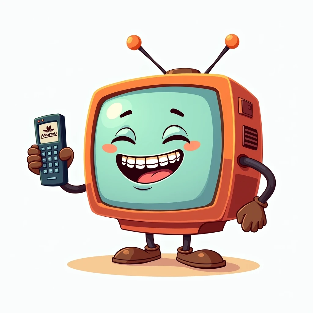 Cartoon style television smiling with braces with two arms holding a remote control with a VERY BIG NAME written on it IPTV