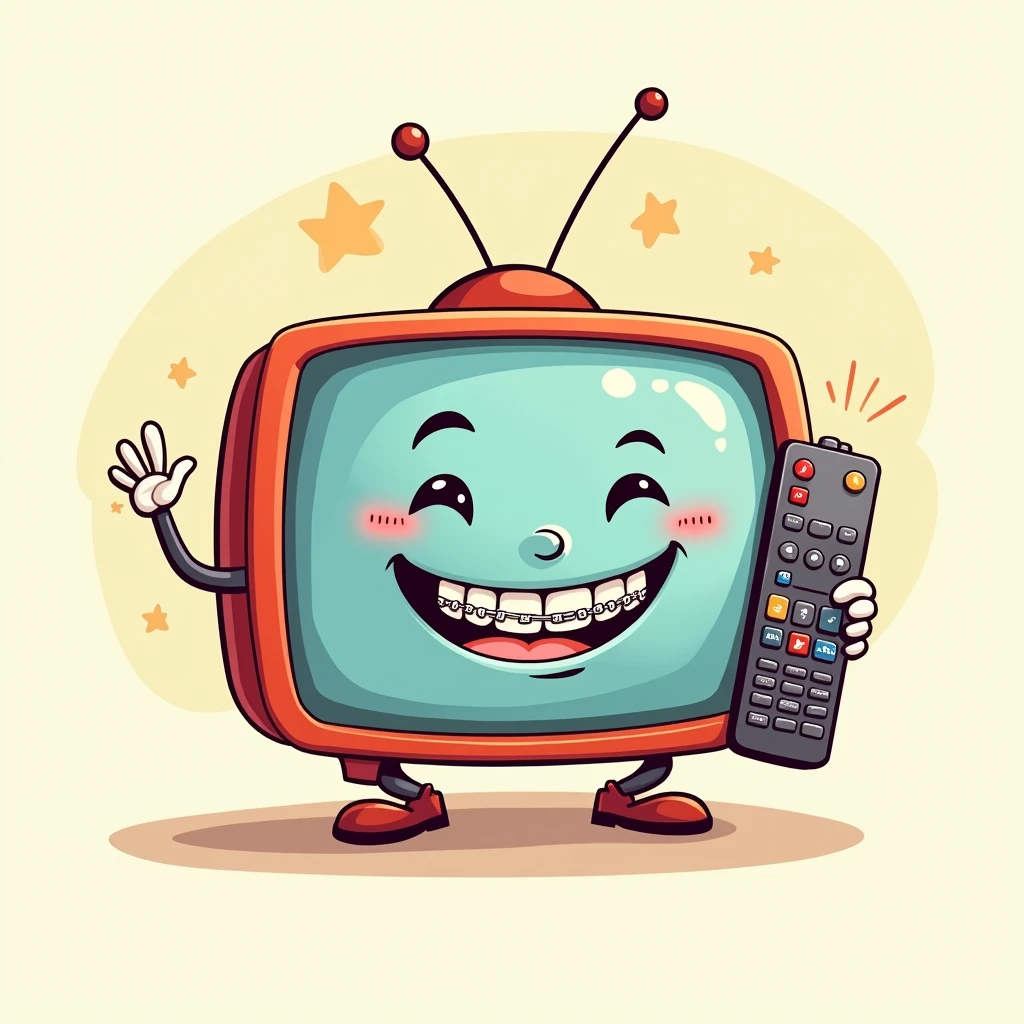 Cartoon style television smiling with braces with two arms holding a remote control with a VERY BIG NAME written on it IPTV 