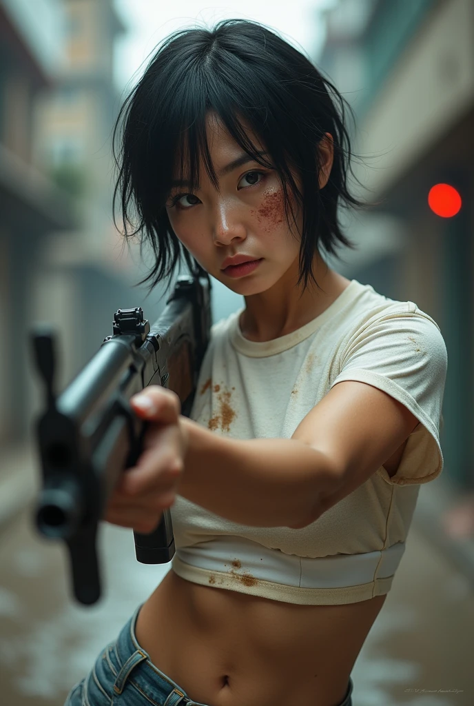(best quality,8ก,Realistic photos,Realistic skin texture,american woman,beautiful japanese woman,Living in America,wearing dirty white T-shirt and jeans,doubt, White bra,Rifle,short hair,Urban Warfare,Caught in the event,Start a counterattack,dirty,Action poses full of movement,Impressive and striking elements,half body,stalwart,Zoom out)、Facial abrasions