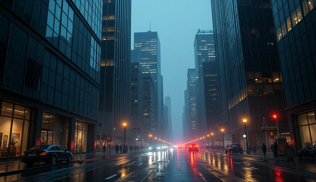City building rainy night ,GLASS WINDOW New York City heavy rain at night glass window 