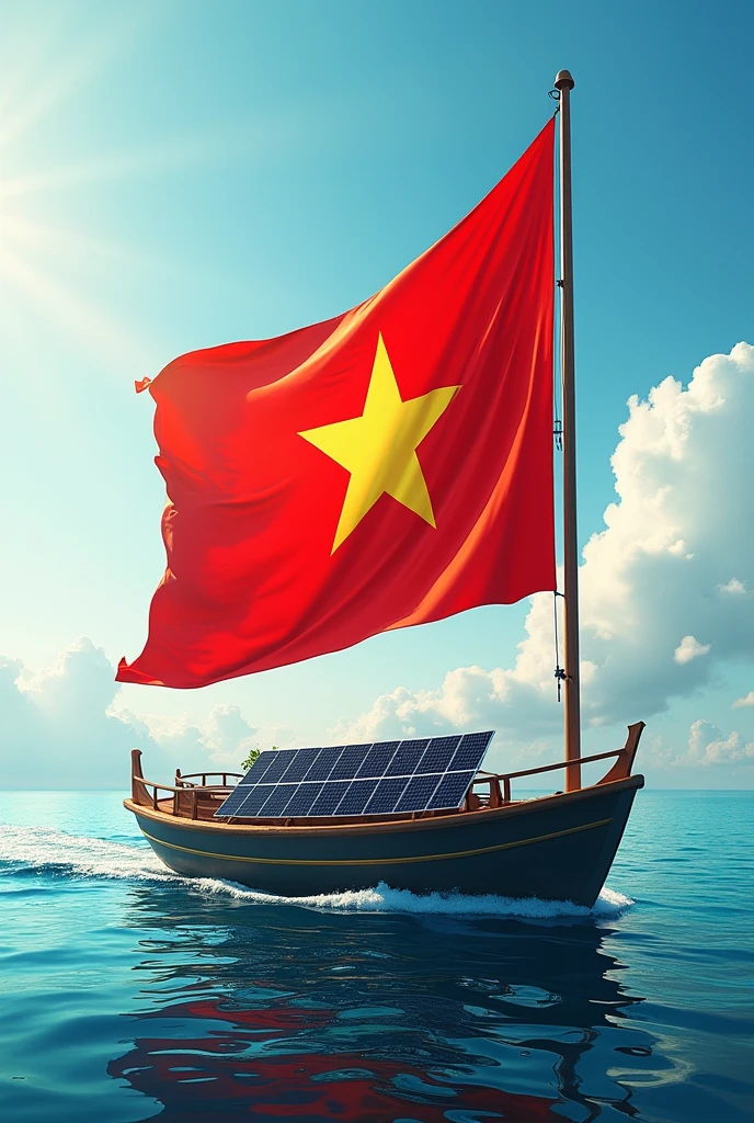 Draw me a picture with the Vietnamese flag going out to sea . There are solar panels on the boat. . Drawings exude the atmosphere of Vietnam&#39;s National Day