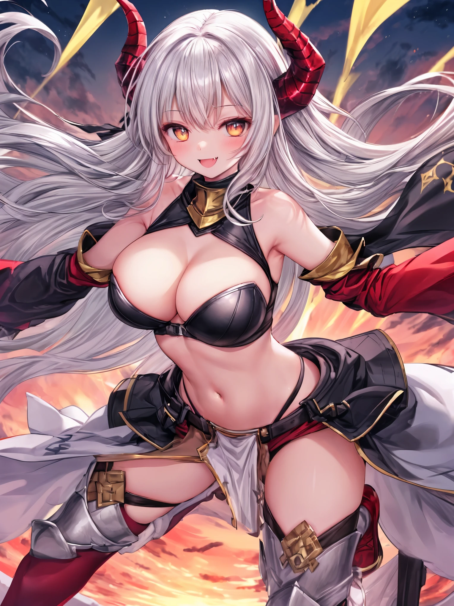 fantasy, 1devil_girl, low_teen, platina_blond_hair,long_bangs, bare_shoulder, navel out, thighhighs,silver_armor, red_wears,waist_armor, Glebe, hold_swords, large_tits, dynamic_floating_pose,Floating,(pelvic_curtain:1.3), silver_Headgear ,looking_down_at_sunrise_city_sky_background,,slightly_spread_legs,solo,horn ,smile,,open_legs,open_arms,rise_knee,rise_leg,rise_thigh,rise_leg,apart_legs,fang,Shiny_gold_eyes,crotch