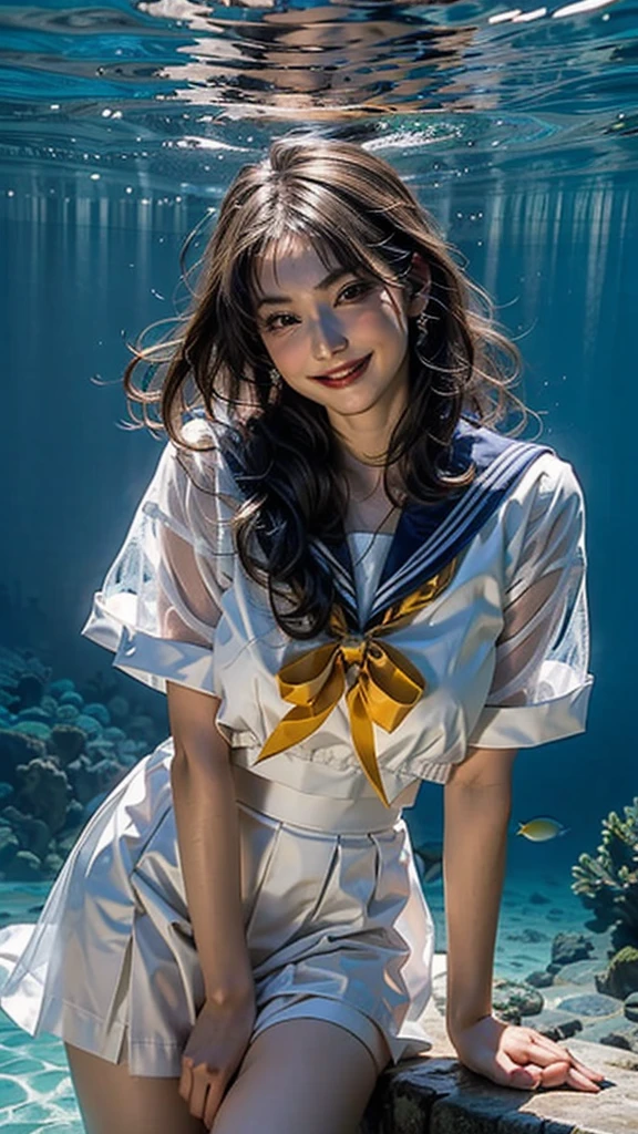 (See through:1.3),White Seraphim,Sailor suit, White Theme,school uniform, Sailor suit, View your viewers,  Insanity, Disheveled long hair, Beautiful attention to detail,Hair shines,Elevation,Blue sailor collar, Firm breasts,A light smile,Partially underwater...