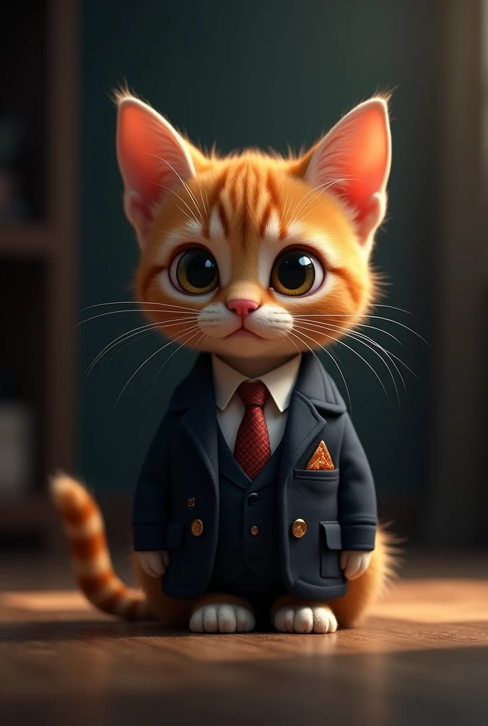  "A Pixar-style AI cat、He is depicted as a small kitten in a well-tailored suit.、Sitting in a dark and moody environment。 The kitten has a tired look。
