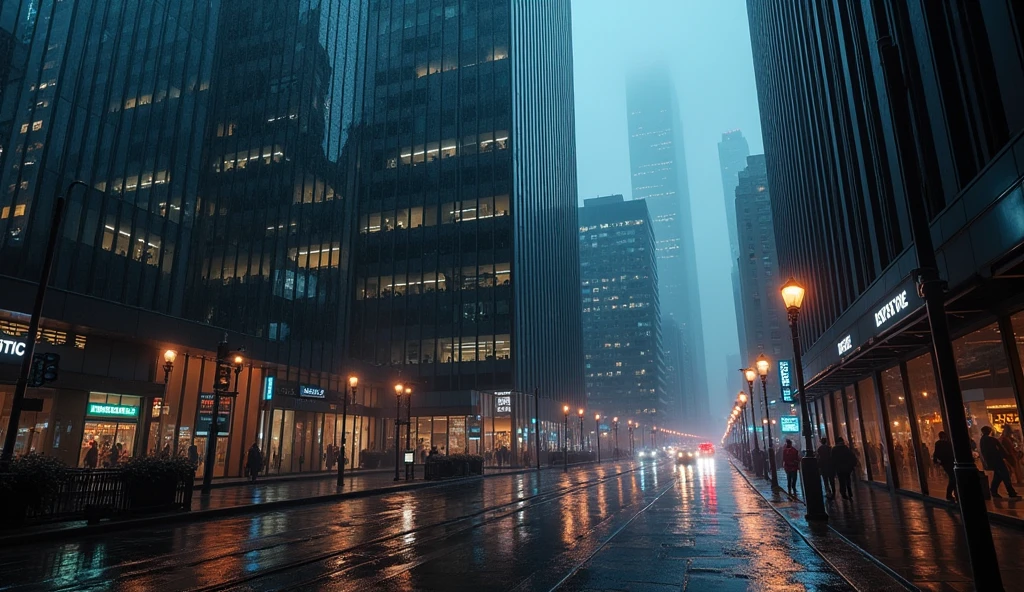 City building rainy night ,GLASS WINDOW New York City heavy rain at night glass window 