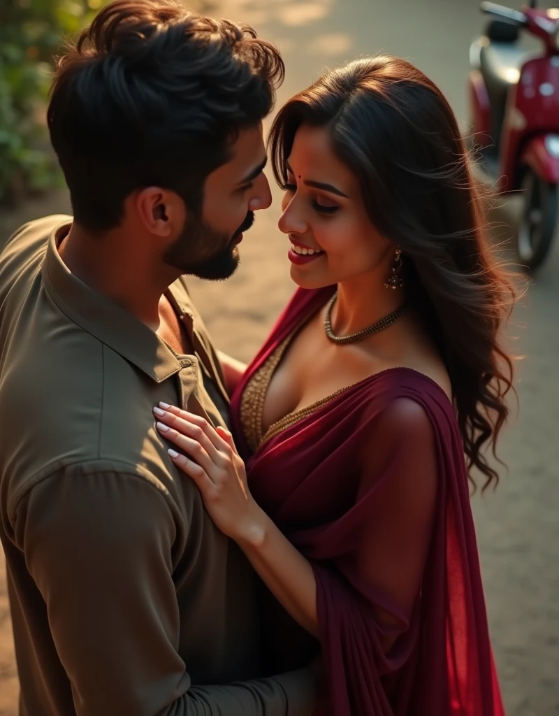 top angle image, ultra realistic image, indian WOMAN RIDING A scooter, man pressing breast of woman with hand from behind, romantic scene, soft natural lighting, woman wearing maroon sari, steamy romance, cinematic lighting