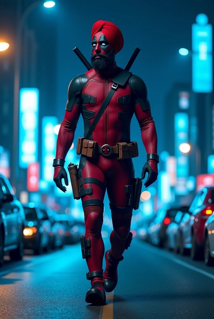 Sikh guy walk in street in US with dead pool suit at night with blue lights